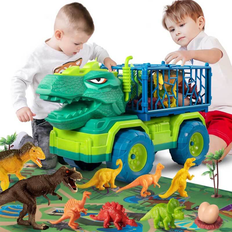 Fidtoy Ensemble de Camions de Transport de Dinosaures avec 15 Dinosaures Réalistes et Tapis d'Activité – Jouet STEM Imaginatif pour Enfants