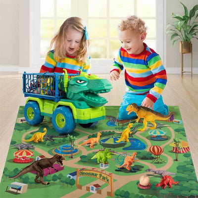 Fidtoy Ensemble de Camions de Transport de Dinosaures avec 15 Dinosaures Réalistes et Tapis d'Activité – Jouet STEM Imaginatif pour Enfants