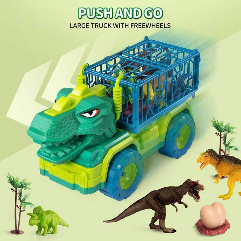 Fidtoy Ensemble de Camions de Transport de Dinosaures avec 15 Dinosaures Réalistes et Tapis d'Activité – Jouet STEM Imaginatif pour Enfants