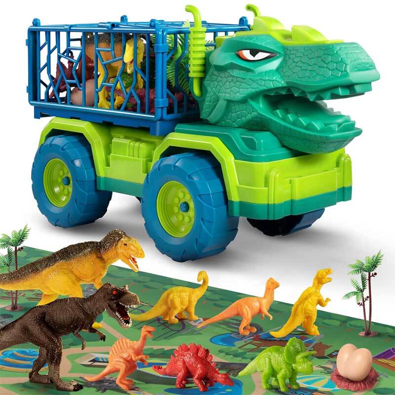 Fidtoy Ensemble de Camions de Transport de Dinosaures avec 15 Dinosaures Réalistes et Tapis d'Activité – Jouet STEM Imaginatif pour Enfants