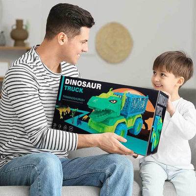 Fidtoy Ensemble de Camions de Transport de Dinosaures avec 15 Dinosaures Réalistes et Tapis d'Activité – Jouet STEM Imaginatif pour Enfants