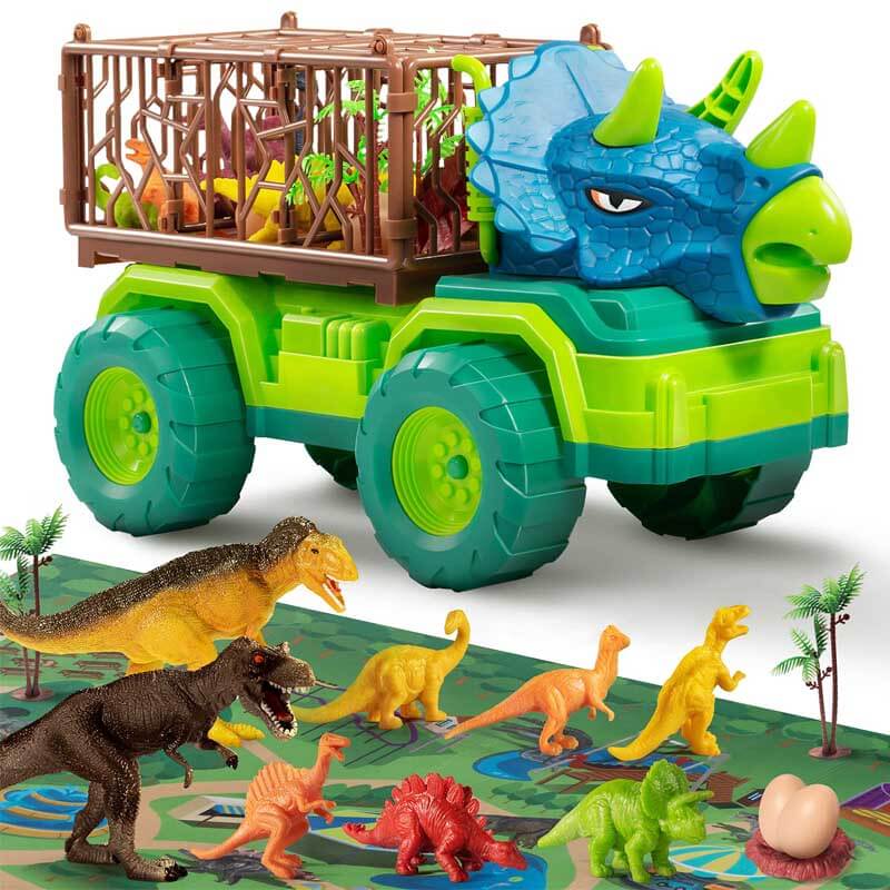 Fidtoy Ensemble de Camions de Transport de Dinosaures avec 15 Dinosaures Réalistes et Tapis d'Activité – Jouet STEM Imaginatif pour Enfants