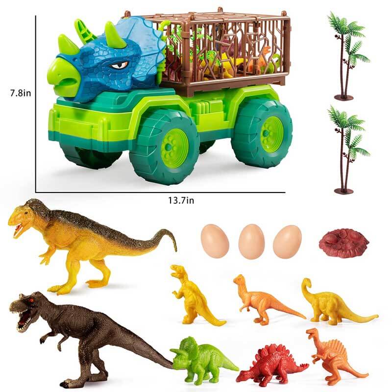 Fidtoy Ensemble de Camions de Transport de Dinosaures avec 15 Dinosaures Réalistes et Tapis d'Activité – Jouet STEM Imaginatif pour Enfants