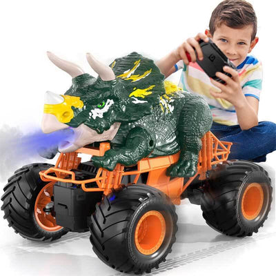 Fidtoy Remote Control Dinosaur Car Toy with Spray Lights Sound 2.4GHz RC Dino Truck for Kids Outdoor Indoor Racing Toy