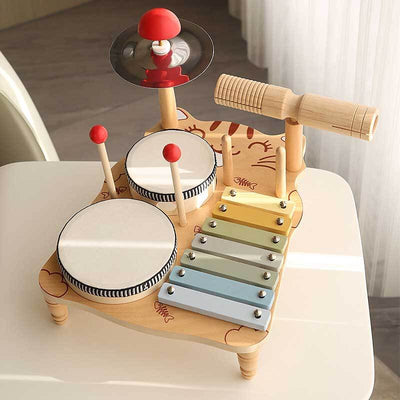 Fidtoy Wooden Percussion Instruments Set for Kids - Xylophone, Drum, Cymbals
