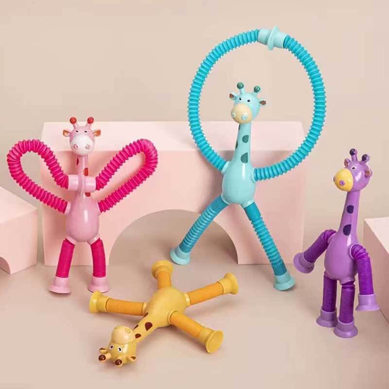Fidtoy Telescopic Suction Cup Giraffe Toy - Sensory Toy with LED Lights and Retractable Tubes