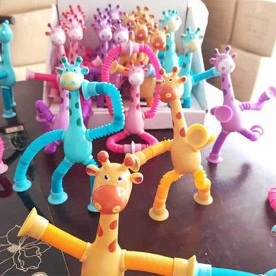 Fidtoy Telescopic Suction Cup Giraffe Toy - Sensory Toy with LED Lights and Retractable Tubes