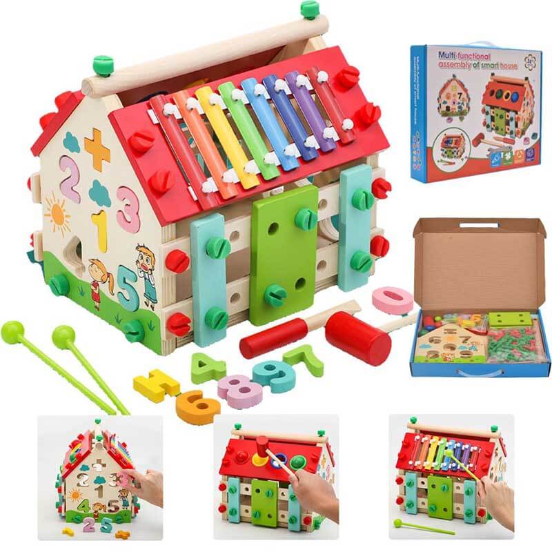 Fidtoy Cubo de Actividades de Madera Montessori Casa de Actividades para Niños Pequeños Juguete de Aprendizaje Multi-Actividad