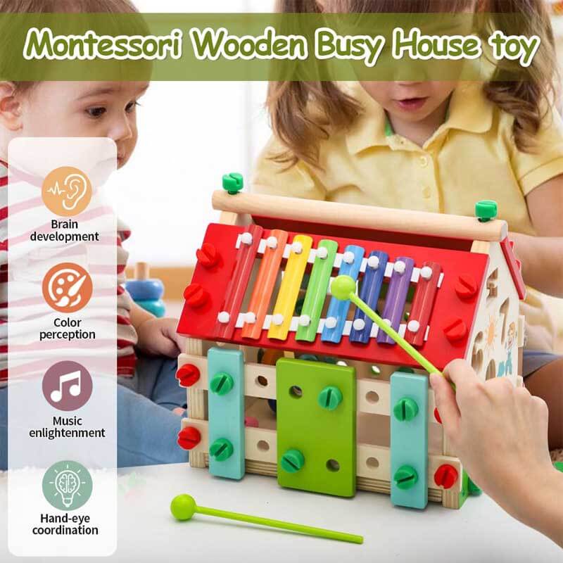 Fidtoy Cubo de Actividades de Madera Montessori Casa de Actividades para Niños Pequeños Juguete de Aprendizaje Multi-Actividad