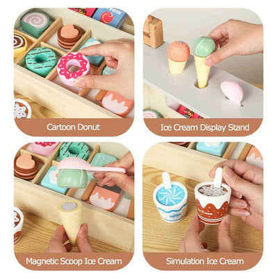 Fidtoy Wooden Ice Cream Playset - Pretend Play Food Toy for Kids