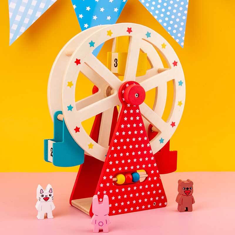 Fidtoy Wooden Ferris Wheel Toy for Toddlers | Pre-Assembled with Three Animal Friends | Interactive Hand-Crank Toy