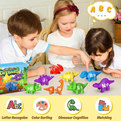 Fidtoy Jouets dinosaures 26 pièces avec lettres de l'alphabet pour tout-petits | Apprentissage Montessori et reconnaissance des couleurs
