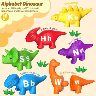 Fidtoy Jouets dinosaures 26 pièces avec lettres de l'alphabet pour tout-petits | Apprentissage Montessori et reconnaissance des couleurs