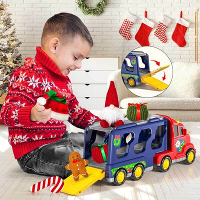 Juego de camiones de juguete Fidtoy Christmas para niños pequeños | Luces, sonido y accesorios navideños para edades de 3 a 7 años