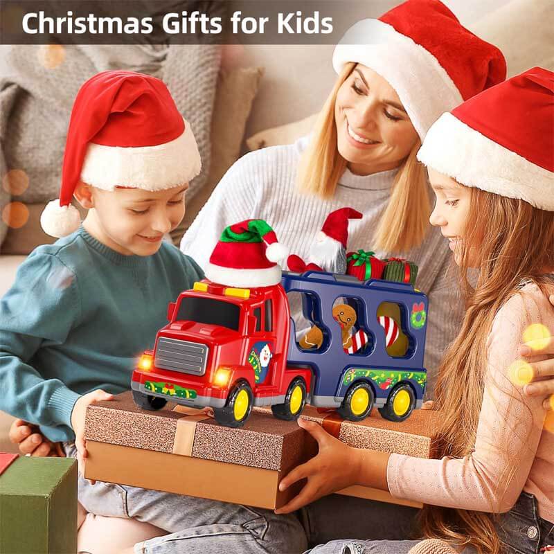 Juego de camiones de juguete Fidtoy Christmas para niños pequeños | Luces, sonido y accesorios navideños para edades de 3 a 7 años