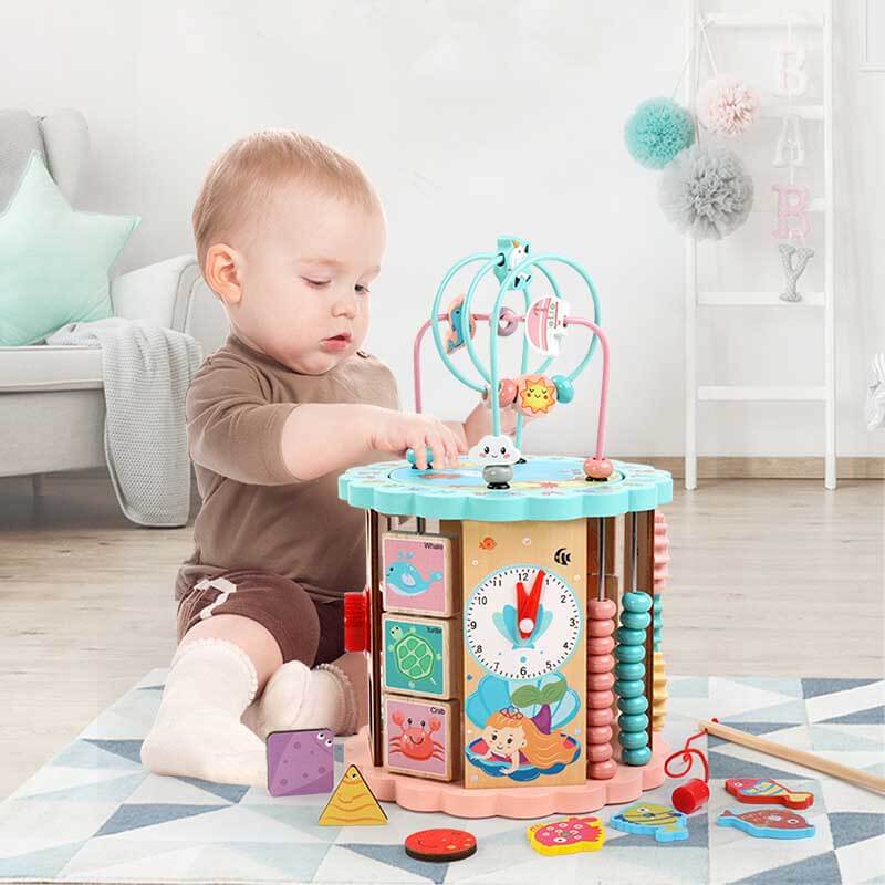 Fidtoy 8-in-1 Wooden Activity Cube – Montessori Multi-Activity Learning Toy for Toddlers