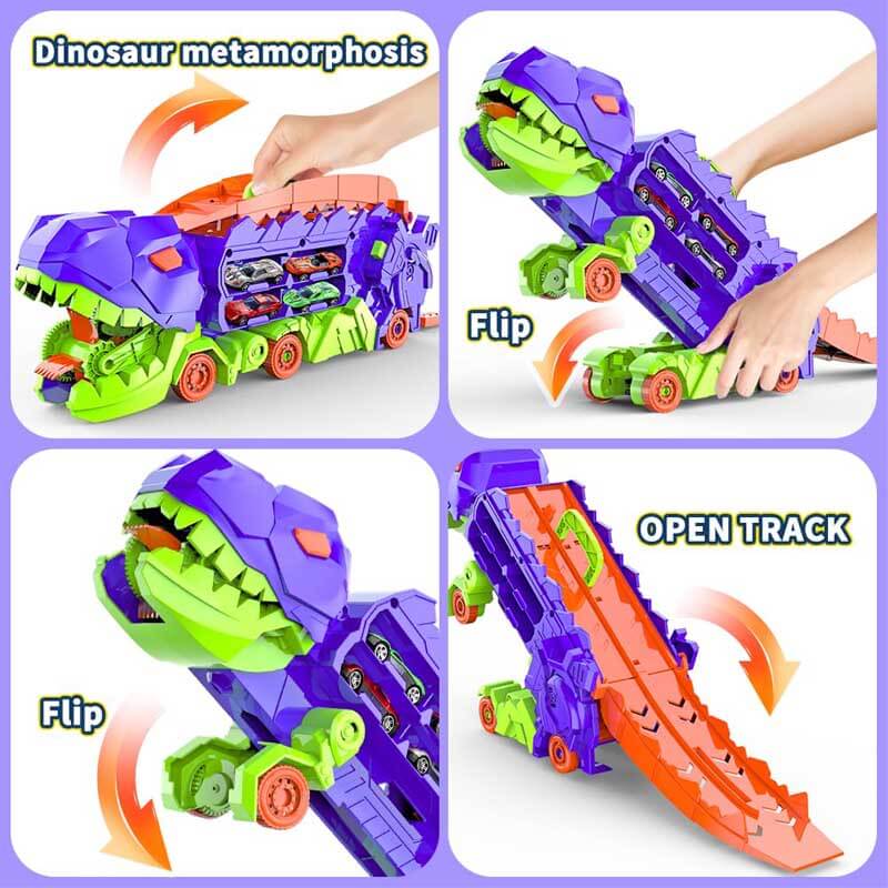 Fidtoy Camion de transport de dinosaures 4 en 1 avec piste de course