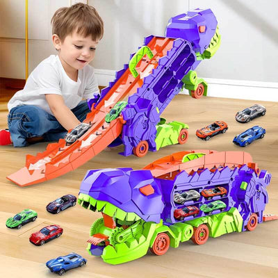 Fidtoy Camion de transport de dinosaures 4 en 1 avec piste de course