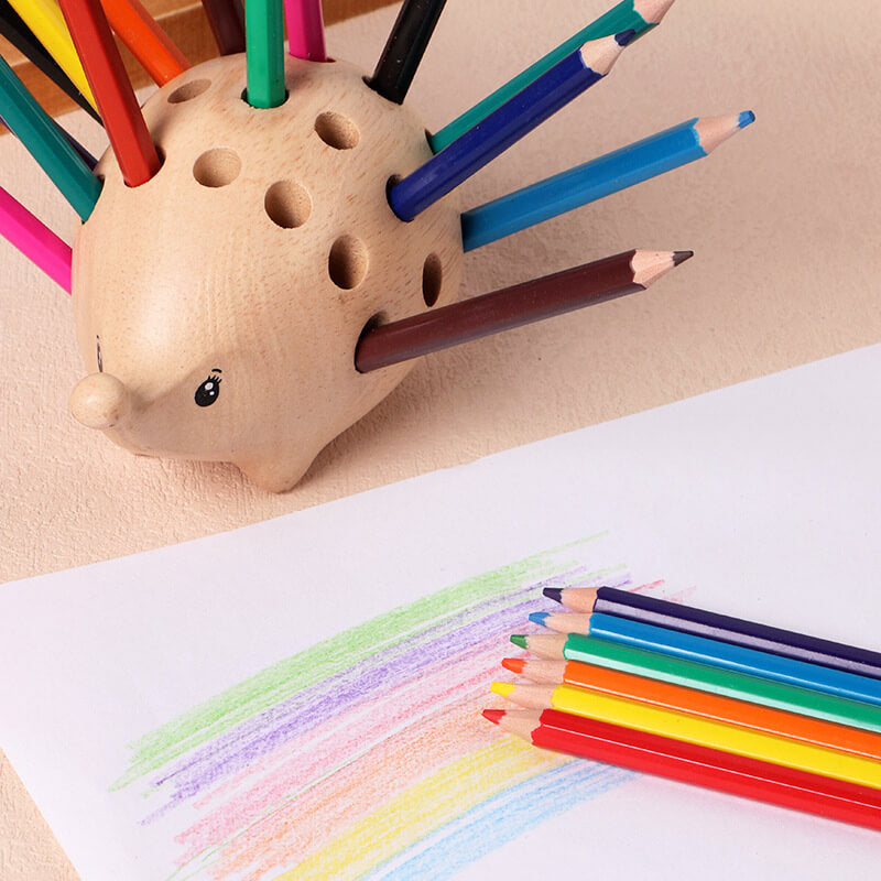Fidtoy Wooden Hedgehog Pen Holder | 24-Hole Desk Organizer for Kids & Office