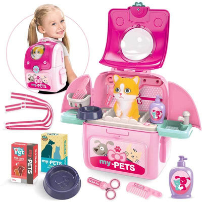Fidtoy Pet Care Playset for Kids Pretend Play Toy Backpack Cat Grooming Set Role Play Toy for 3 4 5 6 Year Old Girls Home Play