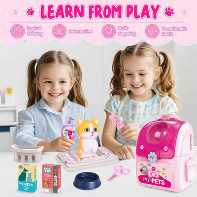 Fidtoy Pet Care Playset for Kids Pretend Play Toy Backpack Cat Grooming Set Role Play Toy for 3 4 5 6 Year Old Girls Home Play
