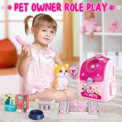 Fidtoy Pet Care Playset for Kids Pretend Play Toy Backpack Cat Grooming Set Role Play Toy for 3 4 5 6 Year Old Girls Home Play