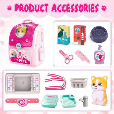 Fidtoy Pet Care Playset for Kids Pretend Play Toy Backpack Cat Grooming Set Role Play Toy for 3 4 5 6 Year Old Girls Home Play