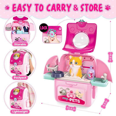 Fidtoy Pet Care Playset for Kids Pretend Play Toy Backpack Cat Grooming Set Role Play Toy for 3 4 5 6 Year Old Girls Home Play