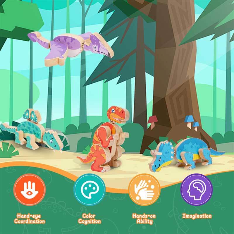 Fidtoy Blocs de construction en bois Dinosaure – Jouet éducatif STEM pour tout-petits