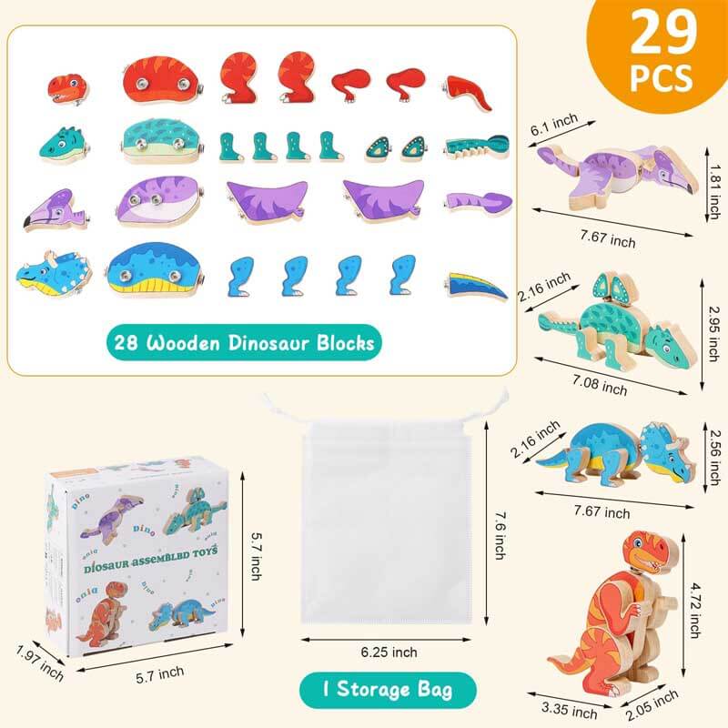 Fidtoy Blocs de construction en bois Dinosaure – Jouet éducatif STEM pour tout-petits