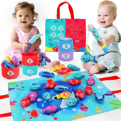 Fidtoy Montessori Fishing Toy Set for Toddlers 1-3 – Cloth Fish, Buckets & Interactive Play
