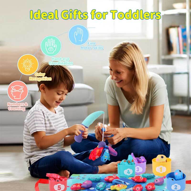Fidtoy Montessori Fishing Toy Set for Toddlers 1-3 – Cloth Fish, Buckets & Interactive Play