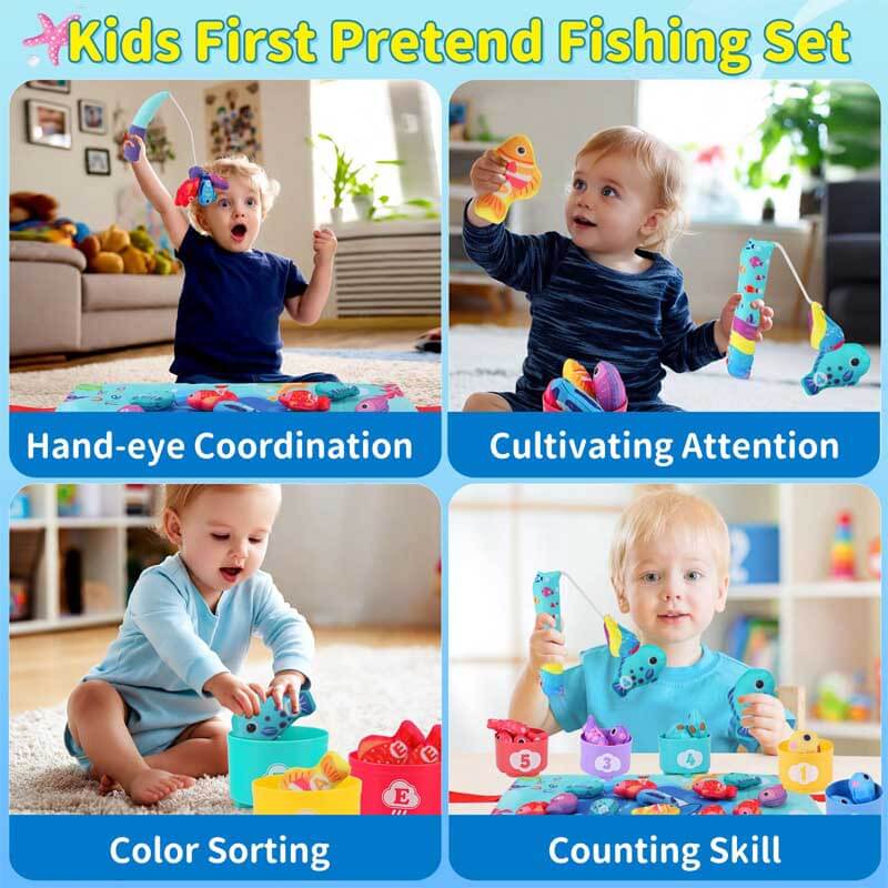 Fidtoy Montessori Fishing Toy Set for Toddlers 1-3 – Cloth Fish, Buckets & Interactive Play