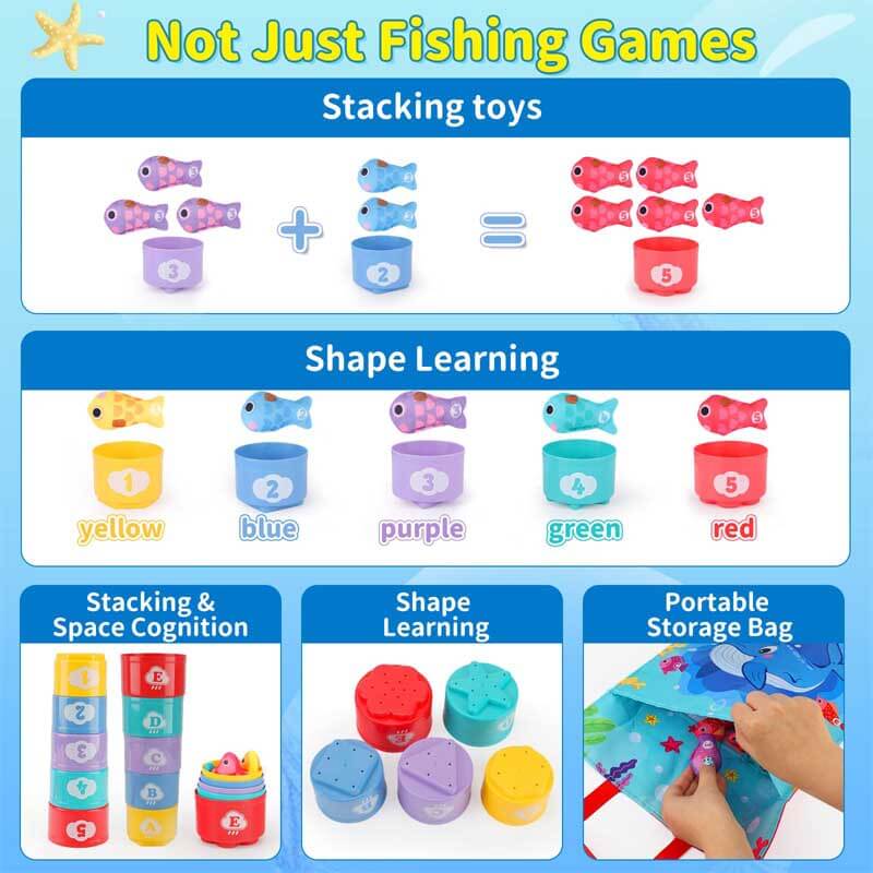 Fidtoy Montessori Fishing Toy Set for Toddlers 1-3 – Cloth Fish, Buckets & Interactive Play
