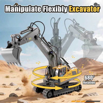 Fidtoy Pelleteuse RC Télécommandée Camion de Construction 11 Canaux avec Pelle en Métal Lumières Son Jouet STEM pour Enfants Jeu en Plein Air