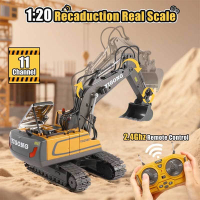Fidtoy Pelleteuse RC Télécommandée Camion de Construction 11 Canaux avec Pelle en Métal Lumières Son Jouet STEM pour Enfants Jeu en Plein Air