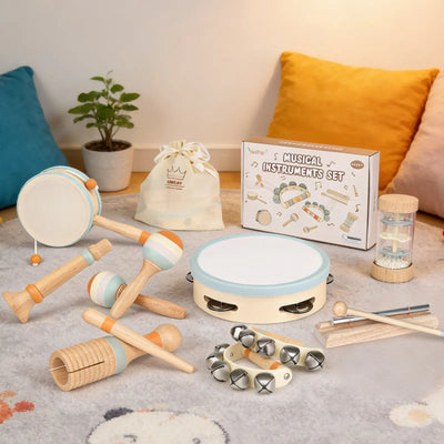 Fidtoy 8-Piece Wooden Musical Toys for Toddlers Rhythm Instruments Set with Drum Bells and Maracas