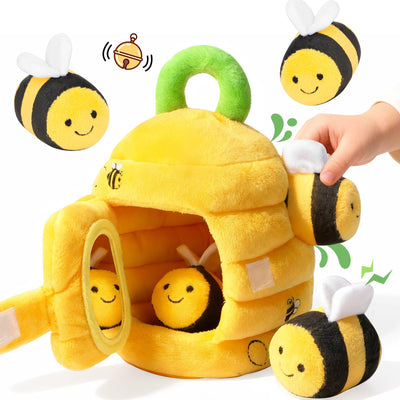 Mon premier coffret de jeu interactif en peluche L'Abeille et sa Ruche - 5 abeilles en peluche et une ruche compressible - Jouet Montessori d'éveil pour bébés et tout-petits de 1 à 3 ans