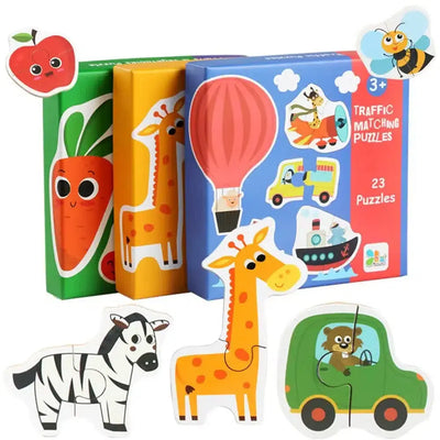 Fidtoy Themed Box of 23 Puzzles – Beginner Matching Jigsaw Puzzle Set for Kids, Animals, Vehicles, Fruits & Vegetables
