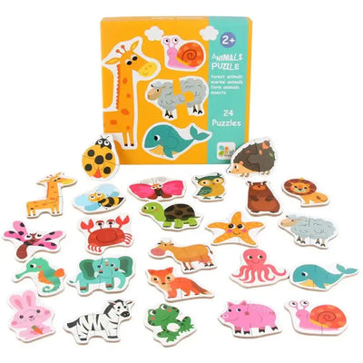 Fidtoy Themed Box of 23 Puzzles – Beginner Matching Jigsaw Puzzle Set for Kids, Animals, Vehicles, Fruits & Vegetables