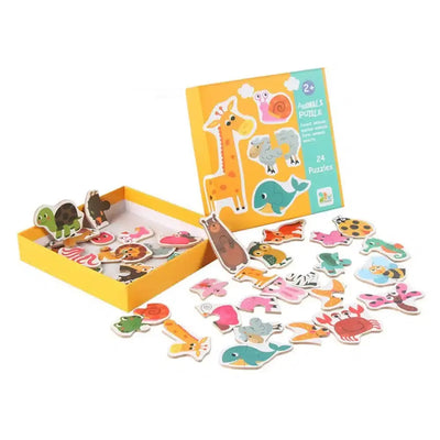 Fidtoy Themed Box of 23 Puzzles – Beginner Matching Jigsaw Puzzle Set for Kids, Animals, Vehicles, Fruits & Vegetables
