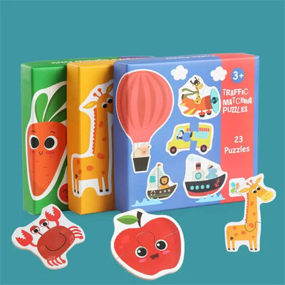 Fidtoy Themed Box of 23 Puzzles – Beginner Matching Jigsaw Puzzle Set for Kids, Animals, Vehicles, Fruits & Vegetables