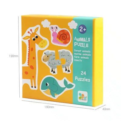 Fidtoy Themed Box of 23 Puzzles – Beginner Matching Jigsaw Puzzle Set for Kids, Animals, Vehicles, Fruits & Vegetables