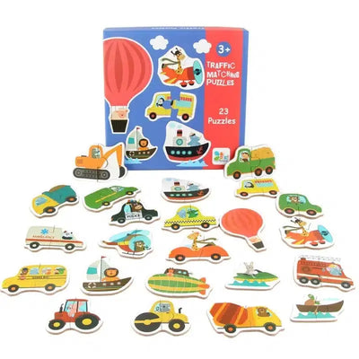 Fidtoy Themed Box of 23 Puzzles – Beginner Matching Jigsaw Puzzle Set for Kids, Animals, Vehicles, Fruits & Vegetables