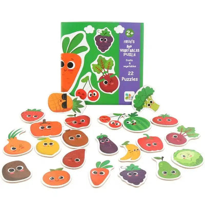 Fidtoy Themed Box of 23 Puzzles – Beginner Matching Jigsaw Puzzle Set for Kids, Animals, Vehicles, Fruits & Vegetables