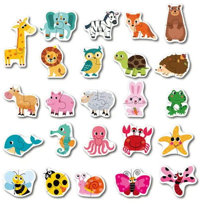Fidtoy Themed Box of 23 Puzzles – Beginner Matching Jigsaw Puzzle Set for Kids, Animals, Vehicles, Fruits & Vegetables