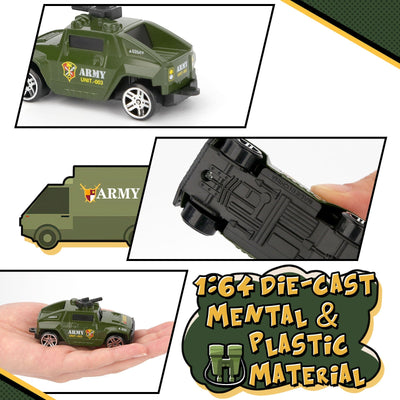 6PCS Diecast Military Vehicles Toy Set – Featuring Mini Tanks, Army Trucks and Helicopter Models for Kids