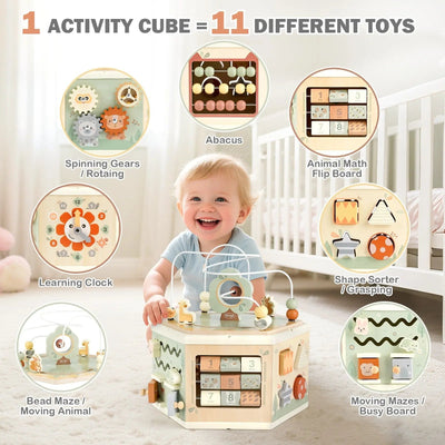 Fidtoy Cube d'Activités en Bois 11-en-1, Jouet Montessori pour Tout-petits, Centre d'Apprentissage 1-4 Ans