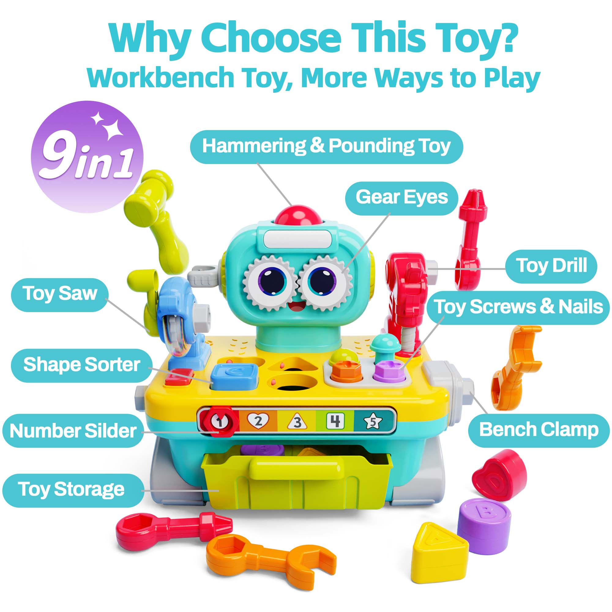 Toddler Musical Workbench Toys for One Year Old Boys, Baby Pretend Play Tool Set