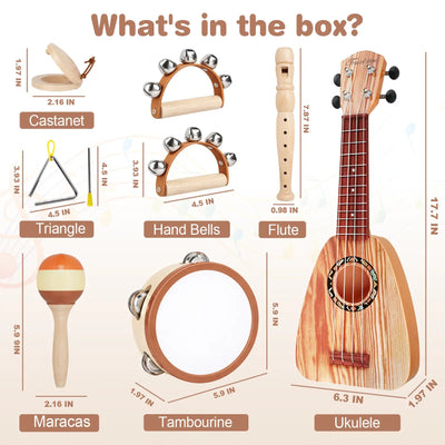 Fidtoy Ensemble d'instruments de musique 7 pièces pour tout-petits - Ukulélé et jouets d'apprentissage du rythme pour enfants